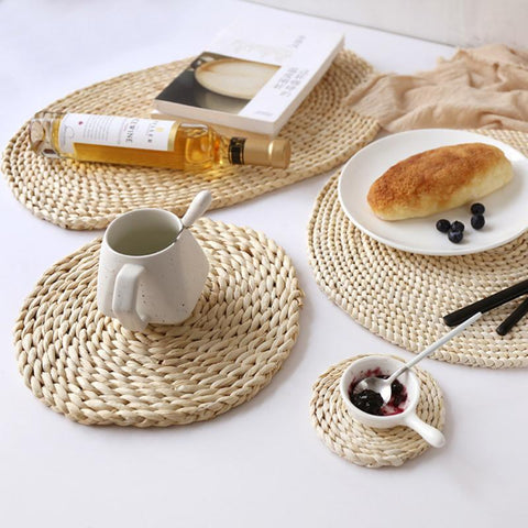 Round Rattan Placemats Natural Corn Straw Woven Dining Table Mats